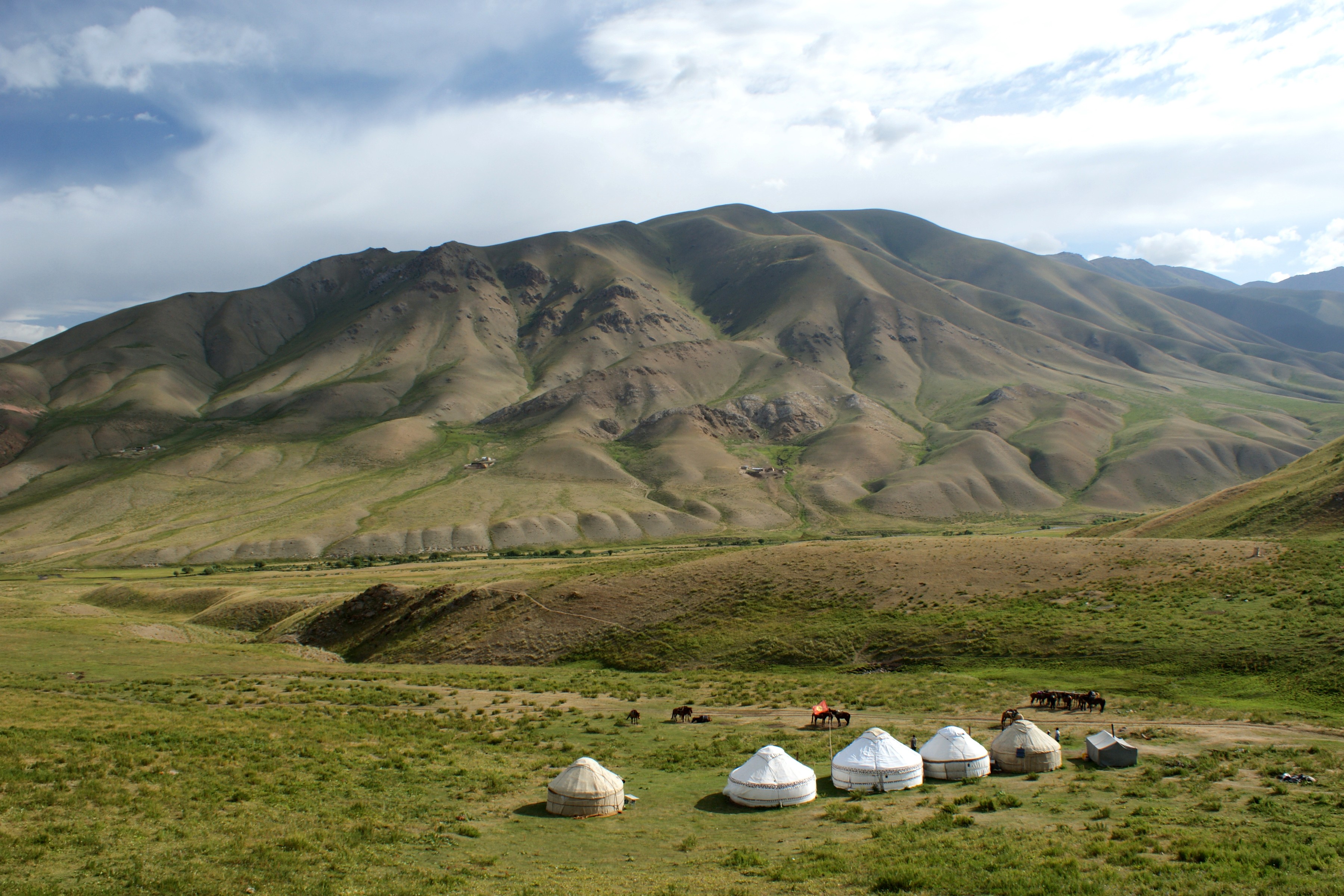 Horses and a yurt in a Kyrgyz mountain valley